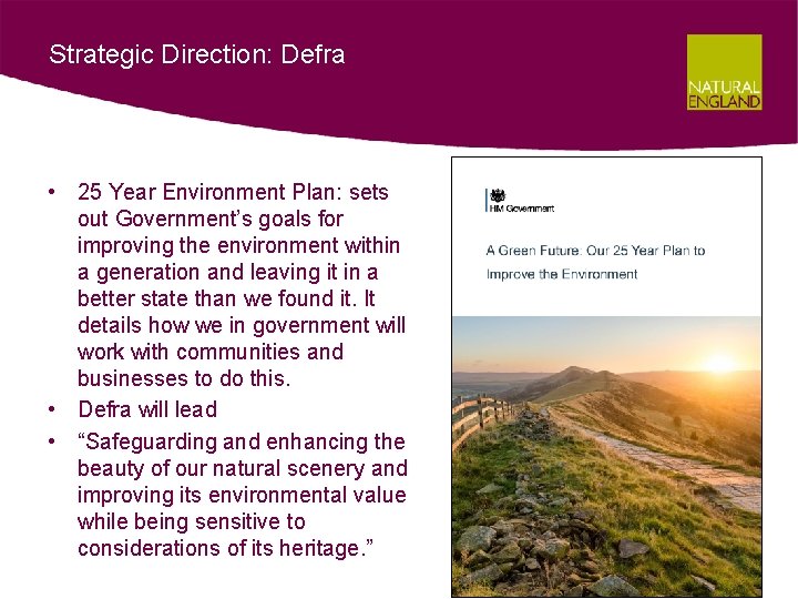 Strategic Direction: Defra • 25 Year Environment Plan: sets out Government’s goals for improving