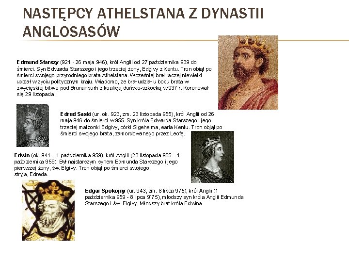 NASTĘPCY ATHELSTANA Z DYNASTII ANGLOSASÓW Edmund Starszy (921 - 26 maja 946), król Anglii