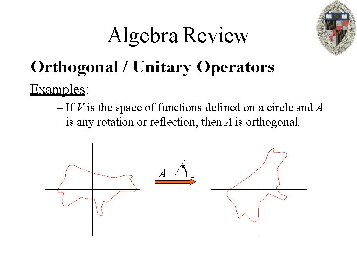 Algebra Review Orthogonal / Unitary Operators Examples: – If V is the space of