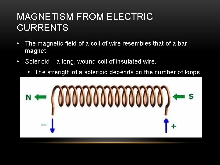 MAGNETISM FROM ELECTRIC CURRENTS • The magnetic field of a coil of wire resembles