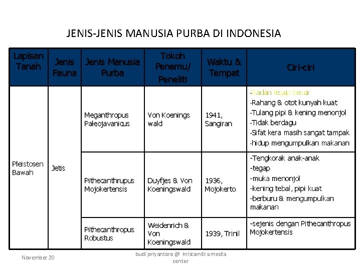 JENIS-JENIS MANUSIA PURBA DI INDONESIA Lapisan Tanah Jenis Manusia Fauna Purba Tokoh Penemu/ Peneliti