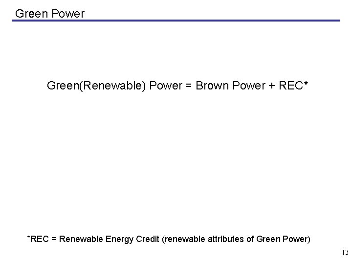 Green Power Green(Renewable) Power = Brown Power + REC* *REC = Renewable Energy Credit