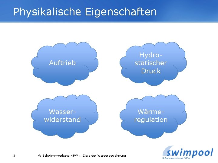 Physikalische Eigenschaften 3 Auftrieb Hydrostatischer Druck Wasserwiderstand Wärmeregulation © Schwimmverband NRW : : Ziele