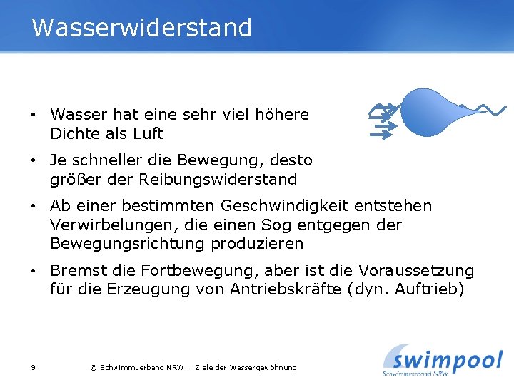 Wasserwiderstand • Wasser hat eine sehr viel höhere Dichte als Luft • Je schneller