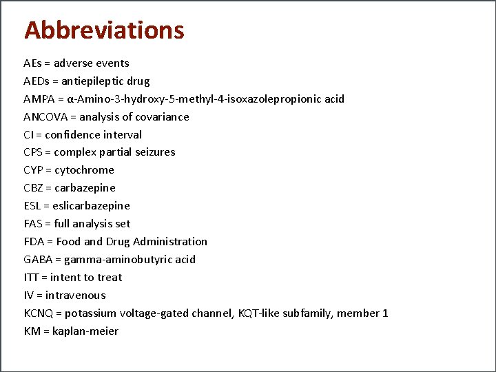 Abbreviations AEs = adverse events AEDs = antiepileptic drug AMPA = α-Amino-3 -hydroxy-5 -methyl-4