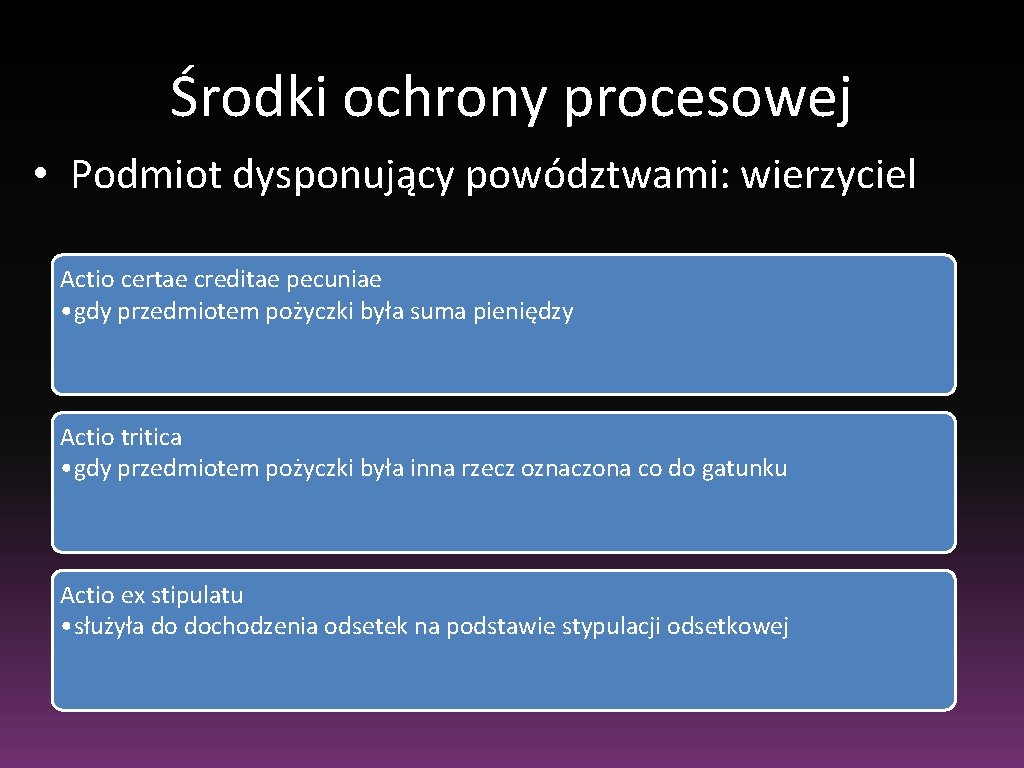 Środki ochrony procesowej • Podmiot dysponujący powództwami: wierzyciel Actio certae creditae pecuniae • gdy Środki ochrony procesowej • Podmiot dysponujący powództwami: wierzyciel Actio certae creditae pecuniae • gdy