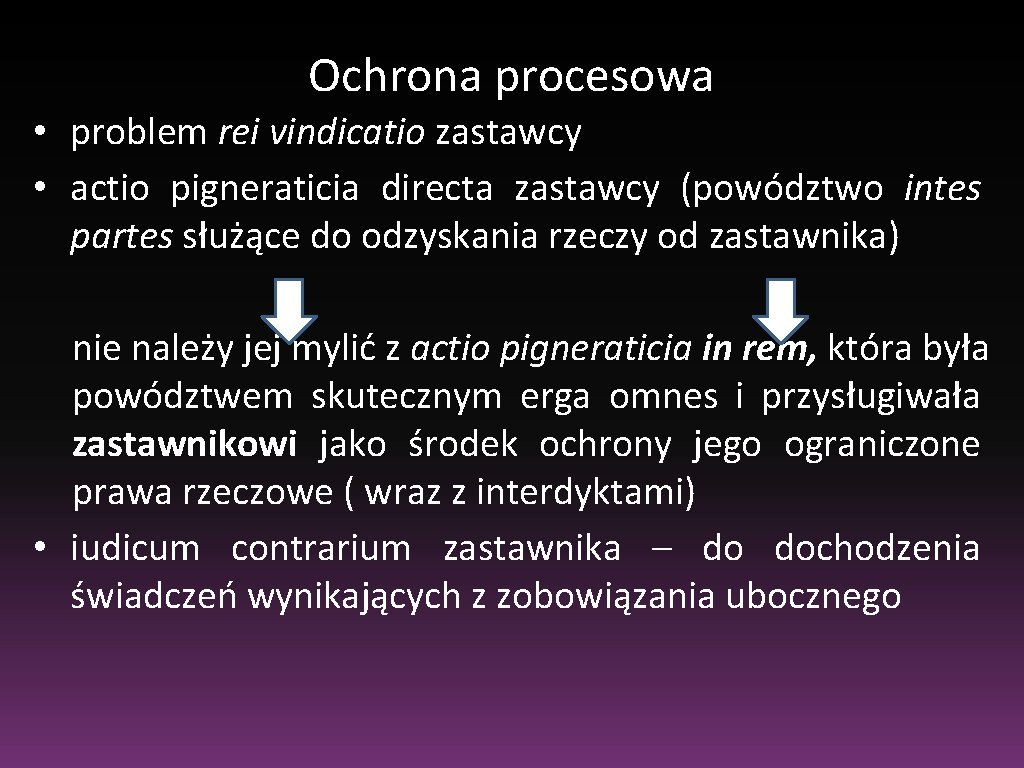 Ochrona procesowa • problem rei vindicatio zastawcy • actio pigneraticia directa zastawcy (powództwo intes