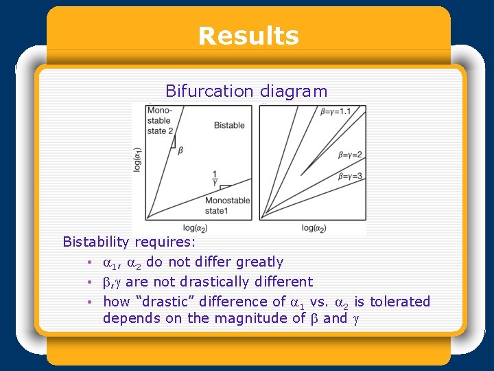 Results Bifurcation diagram Bistability requires: • a 1, a 2 do not differ greatly