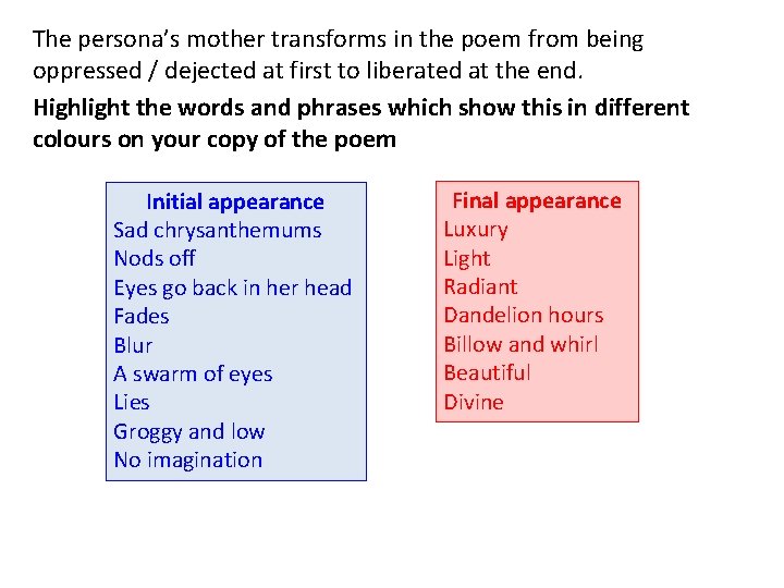 The persona’s mother transforms in the poem from being oppressed / dejected at first