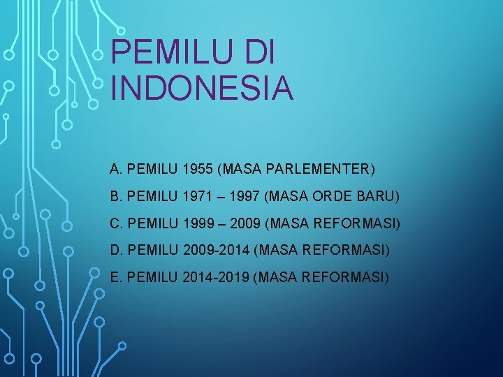 PEMILU DI INDONESIA A. PEMILU 1955 (MASA PARLEMENTER) B. PEMILU 1971 – 1997 (MASA