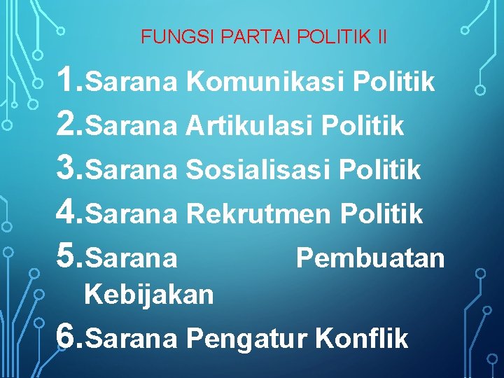 FUNGSI PARTAI POLITIK II 1. Sarana Komunikasi Politik 2. Sarana Artikulasi Politik 3. Sarana