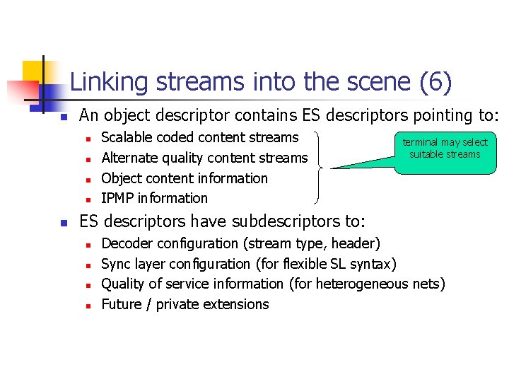 Linking streams into the scene (6) n An object descriptor contains ES descriptors pointing