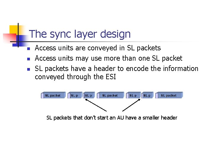 The sync layer design n Access units are conveyed in SL packets Access units