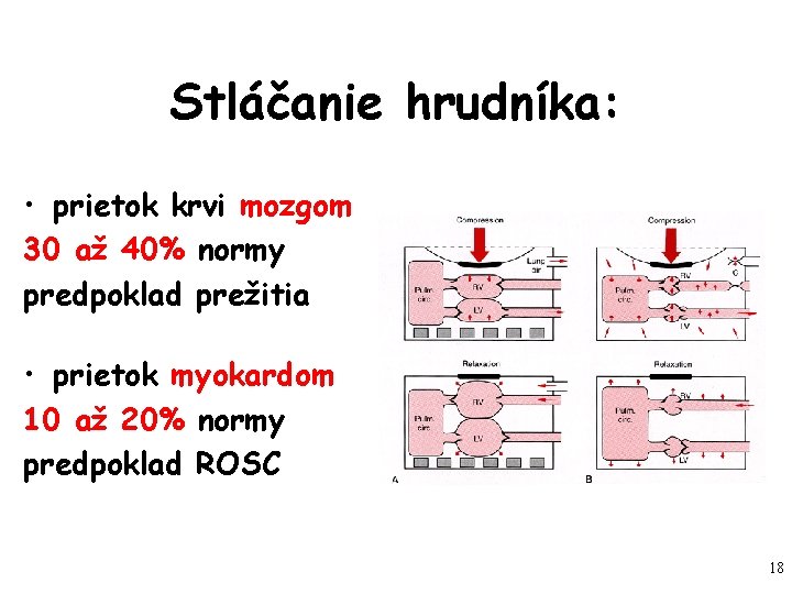 Stláčanie hrudníka: • prietok krvi mozgom 30 až 40% normy predpoklad prežitia • prietok