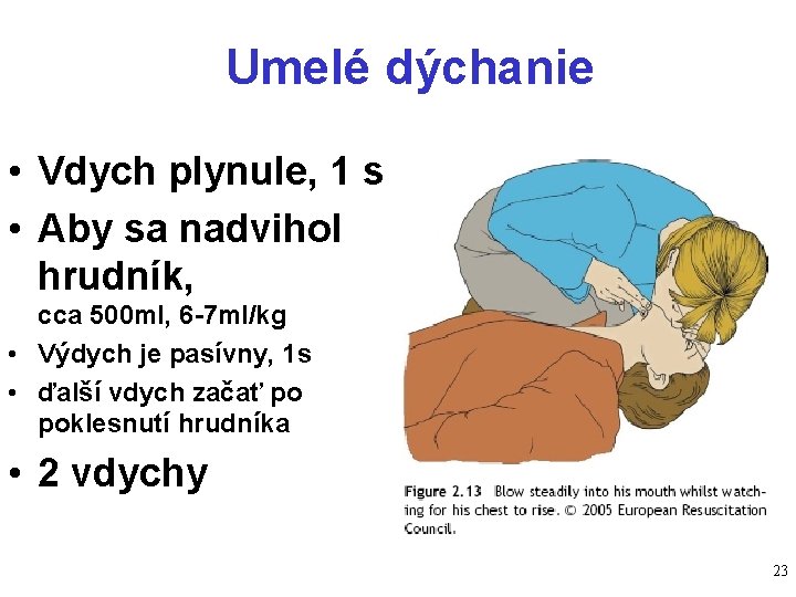 Umelé dýchanie • Vdych plynule, 1 s • Aby sa nadvihol hrudník, cca 500