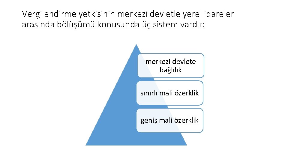 Vergilendirme yetkisinin merkezi devletle yerel idareler arasında bölüşümü konusunda üç sistem vardır: merkezi devlete