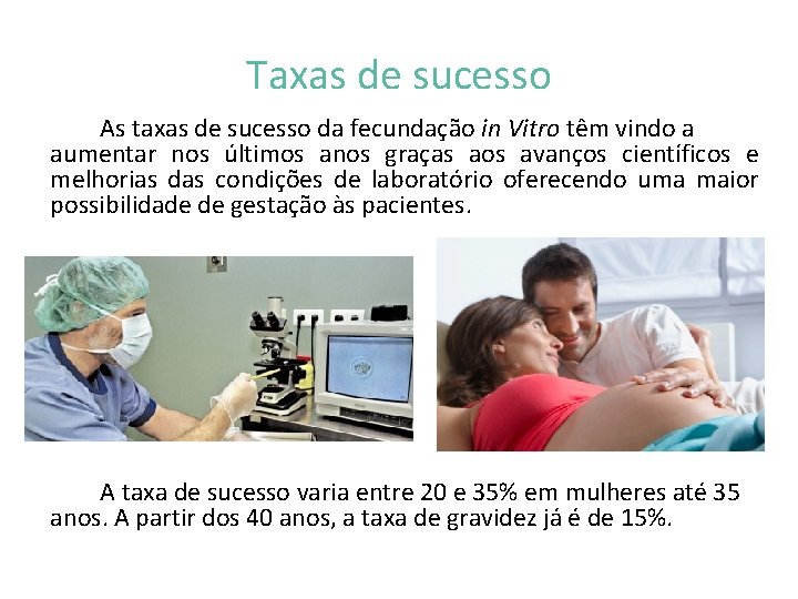 Taxas de sucesso As taxas de sucesso da fecundação in Vitro têm vindo a