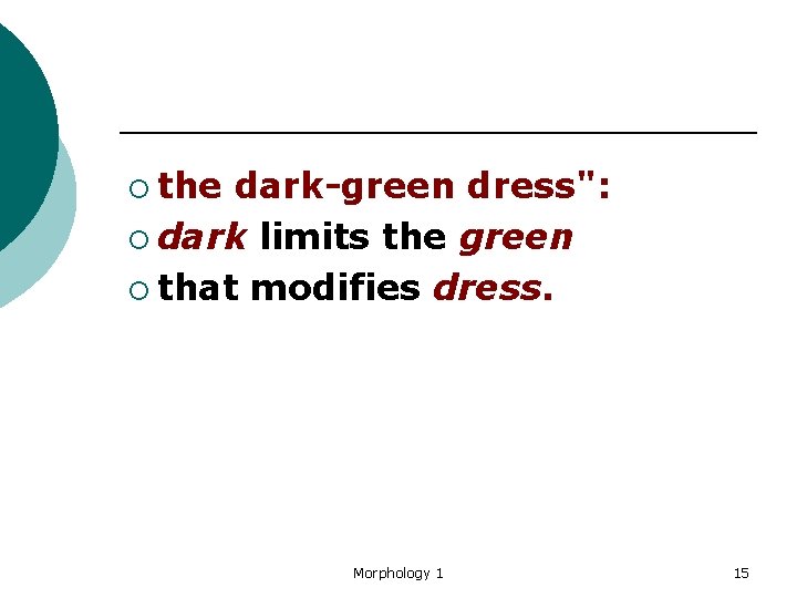 ¡ the dark-green dress": ¡ dark limits the green ¡ that modifies dress. Morphology