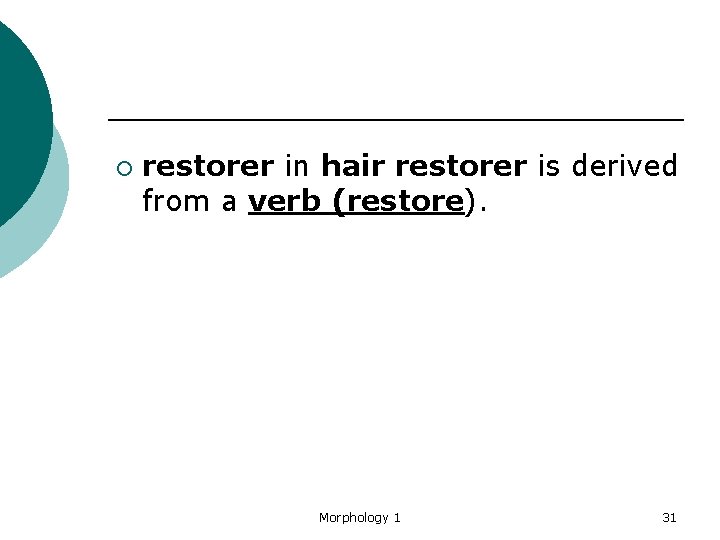 ¡ restorer in hair restorer is derived from a verb (restore). Morphology 1 31