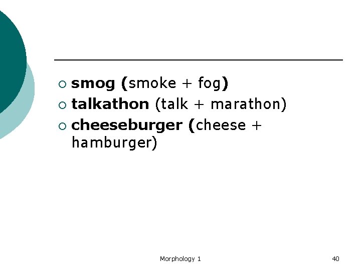 smog (smoke + fog) ¡ talkathon (talk + marathon) ¡ cheeseburger (cheese + hamburger)
