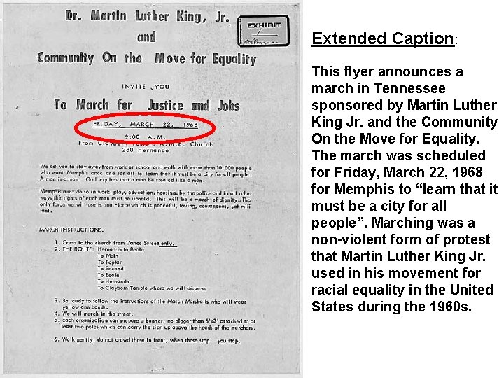 Extended Caption: This flyer announces a march in Tennessee sponsored by Martin Luther King Extended Caption: This flyer announces a march in Tennessee sponsored by Martin Luther King