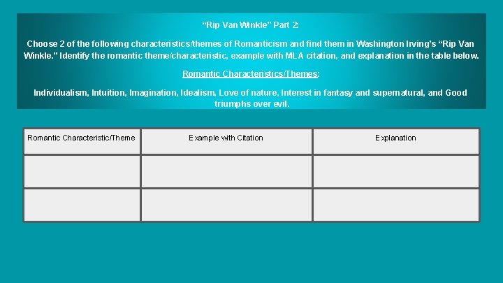 “Rip Van Winkle” Part 2: Choose 2 of the following characteristics/themes of Romanticism and