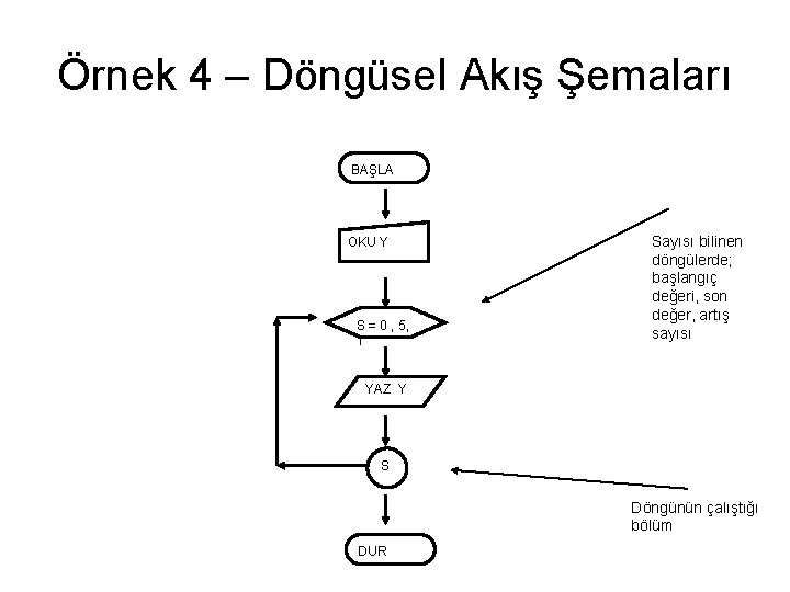 Örnek 4 – Döngüsel Akış Şemaları BAŞLA OKU Y S = 0 , 5,