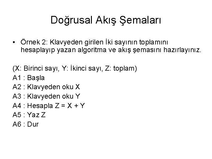 Doğrusal Akış Şemaları • Örnek 2: Klavyeden girilen İki sayının toplamını hesaplayıp yazan algoritma