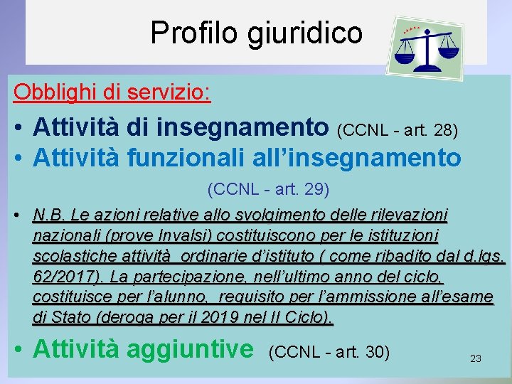 Profilo giuridico Obblighi di servizio: • Attività di insegnamento (CCNL - art. 28) •