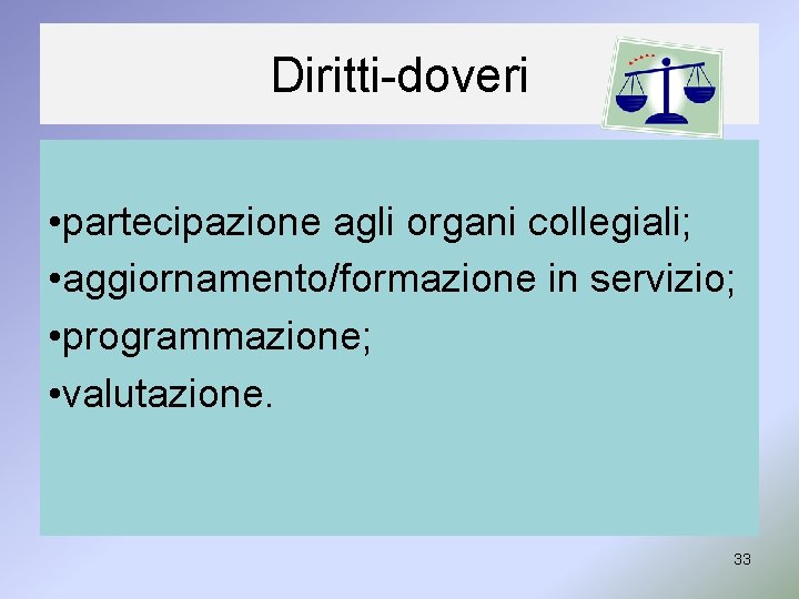 Diritti-doveri • partecipazione agli organi collegiali; • aggiornamento/formazione in servizio; • programmazione; • valutazione.