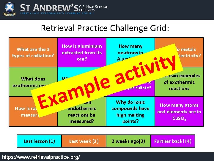 Retrieval Practice Challenge Grid: What are the 3 types of radiation? How is aluminium