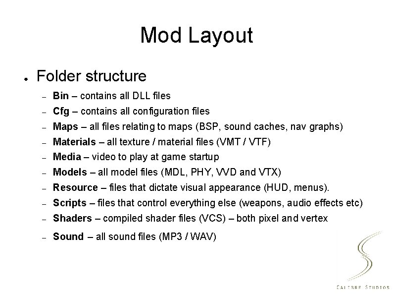 Mod Layout ● Folder structure – Bin – contains all DLL files – Cfg