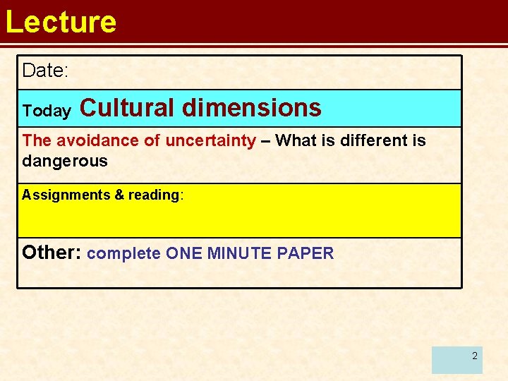 Lecture Date: Today Cultural dimensions The avoidance of uncertainty – What is different is