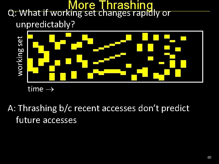 More Thrashing working set Q: What if working set changes rapidly or unpredictably? time