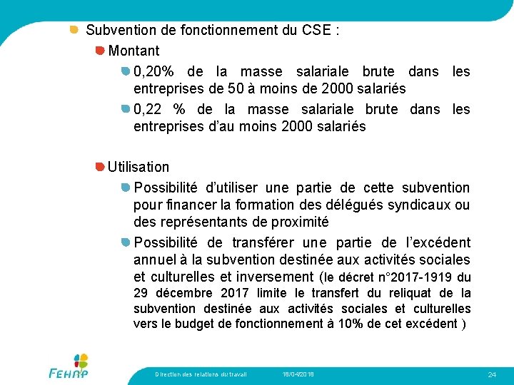 Subvention de fonctionnement du CSE : Montant 0, 20% de la masse salariale brute