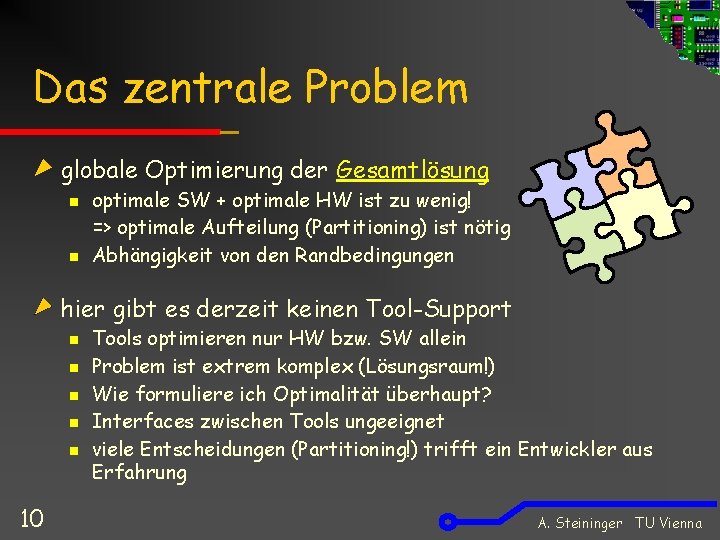 Das zentrale Problem globale Optimierung der Gesamtlösung n n optimale SW + optimale HW