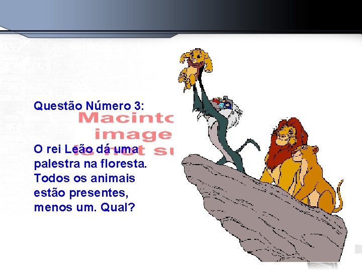 Questão Número 3: O rei Leão dá uma palestra na floresta. Todos os animais