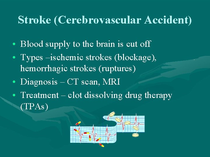 Stroke (Cerebrovascular Accident) • Blood supply to the brain is cut off • Types