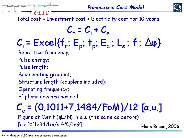 Parametric Cost Model Total cost = Investment cost + Electricity cost for 10 years