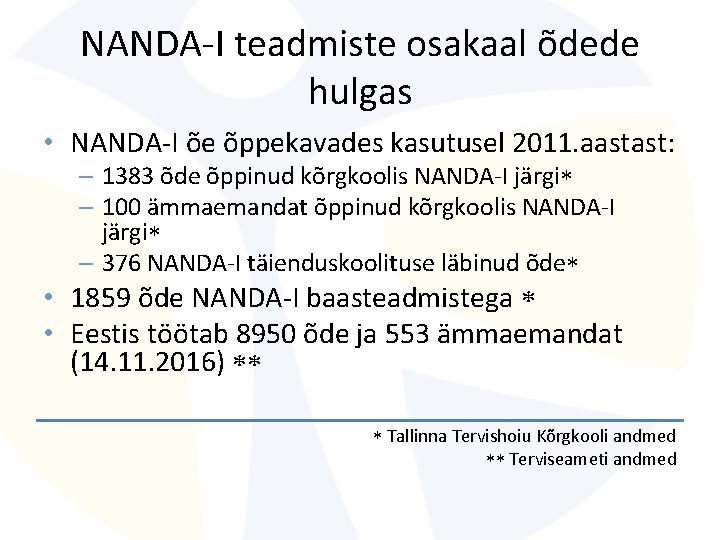 NANDA-I teadmiste osakaal õdede hulgas • NANDA-I õe õppekavades kasutusel 2011. aastast: – 1383 NANDA-I teadmiste osakaal õdede hulgas • NANDA-I õe õppekavades kasutusel 2011. aastast: – 1383