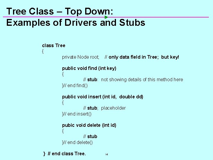 Tree Class – Top Down: Examples of Drivers and Stubs class Tree { private