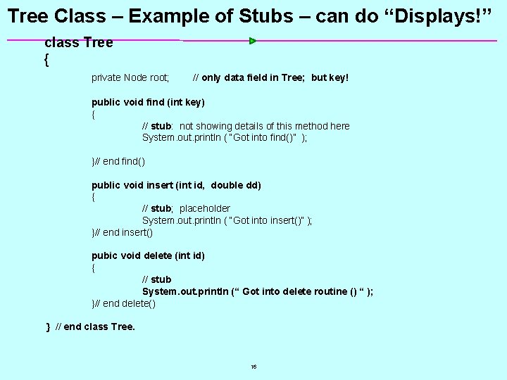 Tree Class – Example of Stubs – can do “Displays!” class Tree { private