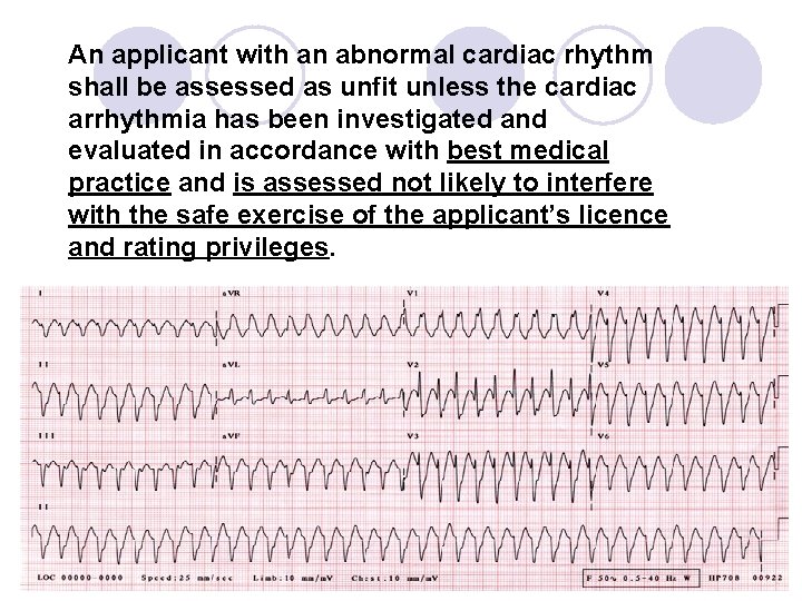 An applicant with an abnormal cardiac rhythm shall be assessed as unfit unless the