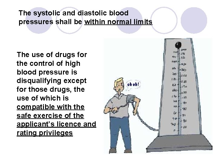 The systolic and diastolic blood pressures shall be within normal limits The use of