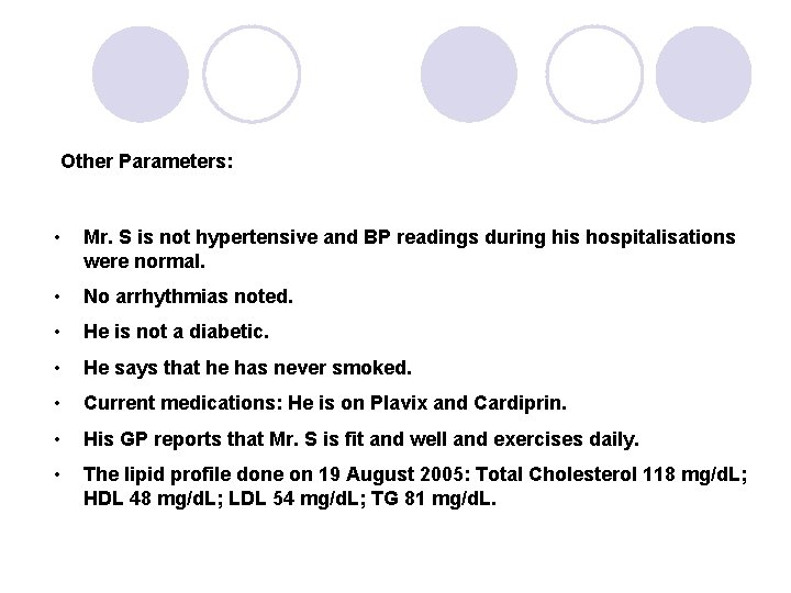 Other Parameters: • Mr. S is not hypertensive and BP readings during his hospitalisations