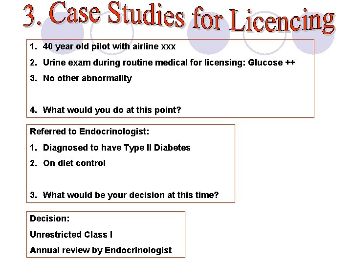 1. 40 year old pilot with airline xxx 2. Urine exam during routine medical