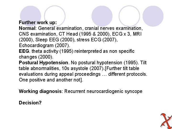 Further work up: Normal: General examination, cranial nerves examination, CNS examination, CT Head (1995