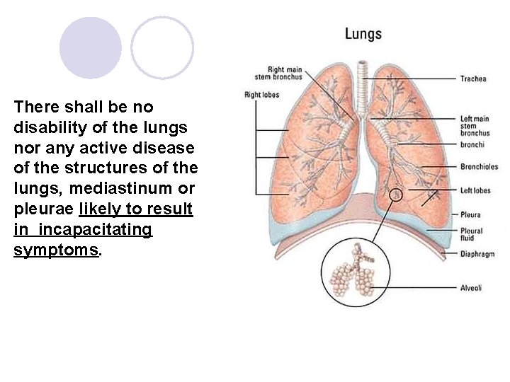 There shall be no disability of the lungs nor any active disease of the