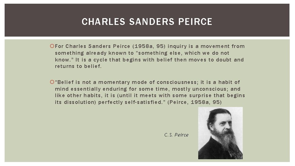 CHARLES SANDERS PEIRCE For Charles Sanders Peirce (1958 a, 95) inquiry is a movement CHARLES SANDERS PEIRCE For Charles Sanders Peirce (1958 a, 95) inquiry is a movement