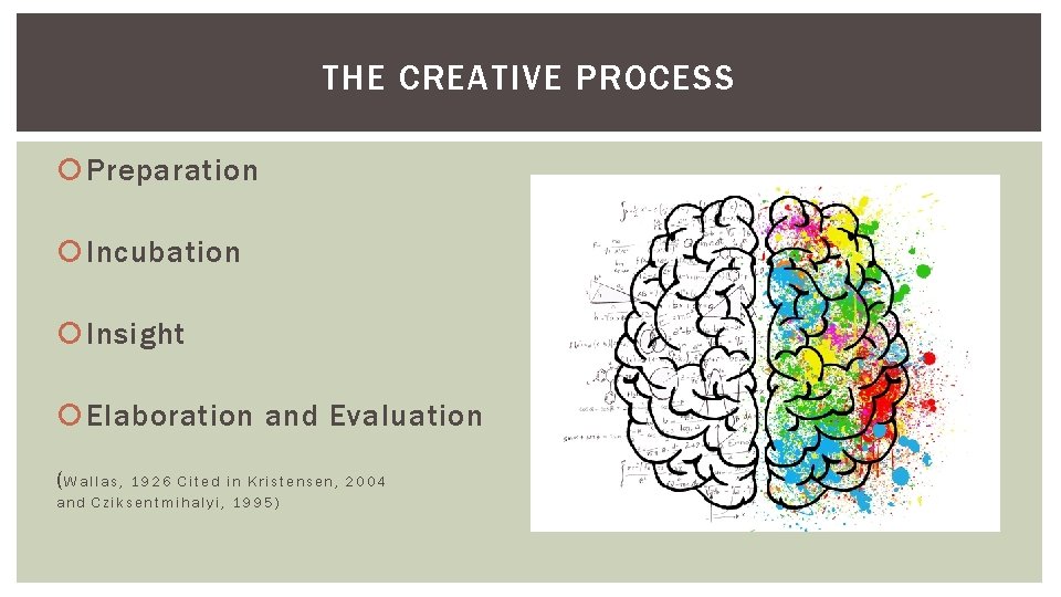 THE CREATIVE PROCESS Preparation Incubation Insight Elaboration and Evaluation (Wallas, 1926 Cited in Kristensen, THE CREATIVE PROCESS Preparation Incubation Insight Elaboration and Evaluation (Wallas, 1926 Cited in Kristensen,
